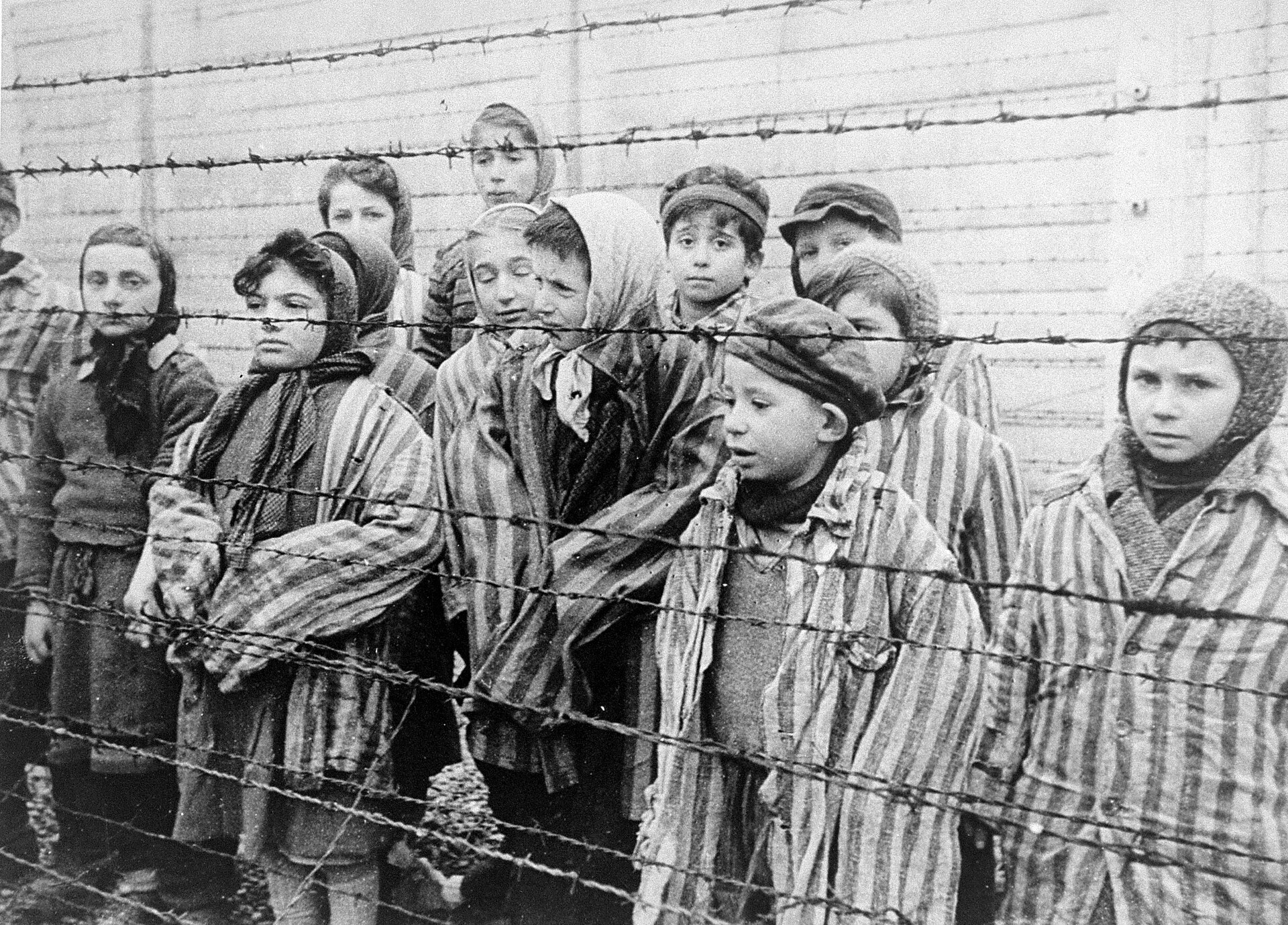 Child prisoners of Auschwitz, liberated by the Red Army on 27 January 1945. A still from Soviet newsreel.
