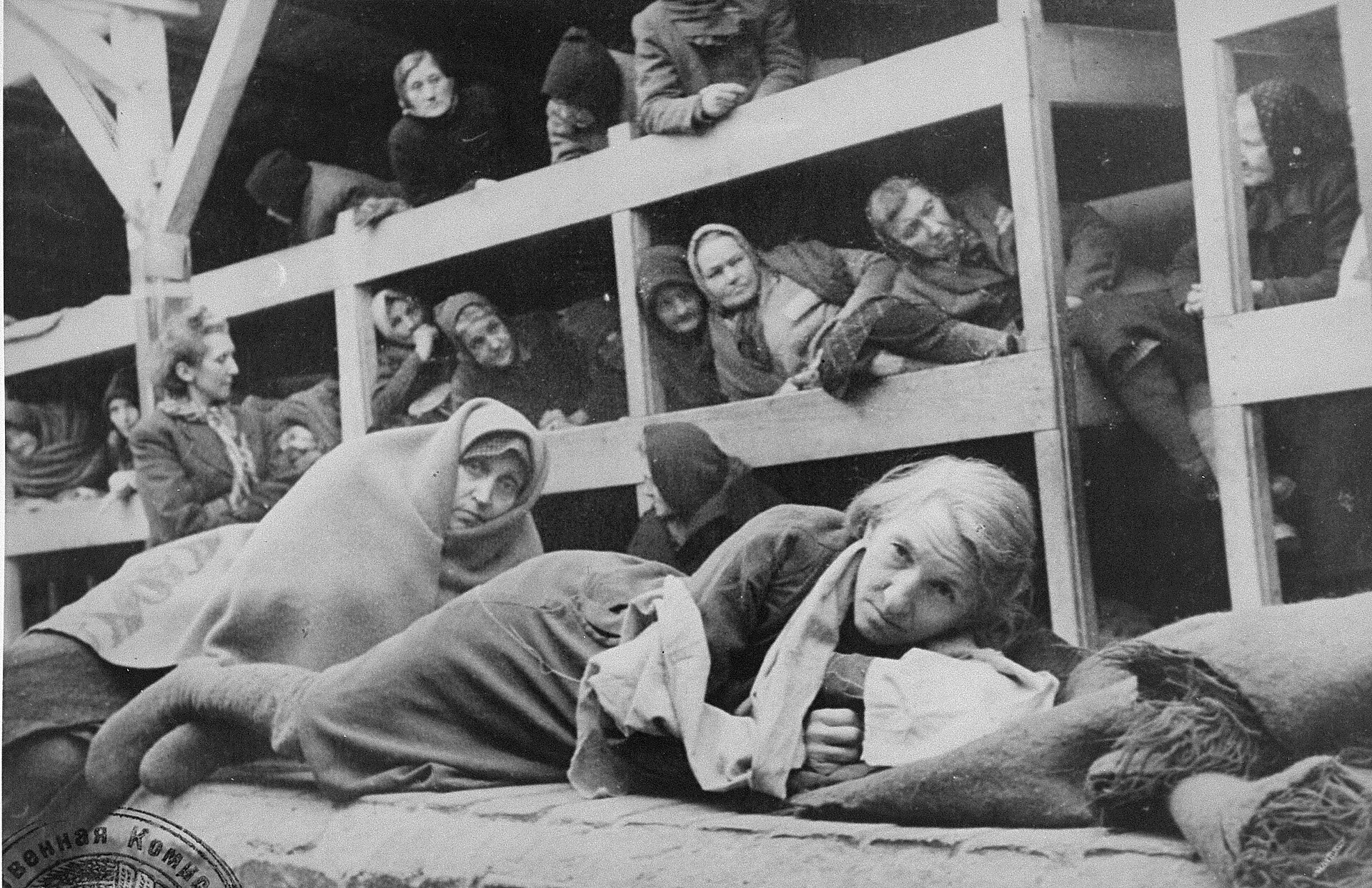Women in a barrack of newly liberated Auschwitz, January 1945.