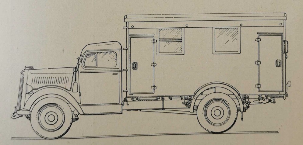 Camión Opel Blitz de 3 toneladas, dibujo de un manual de la Luftwaffe. Opel pertenecía a la estadounidense General Motors.